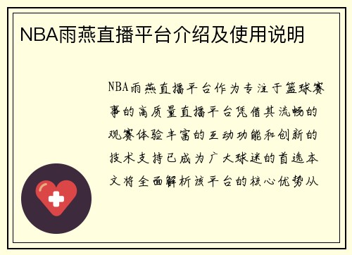 NBA雨燕直播平台介绍及使用说明